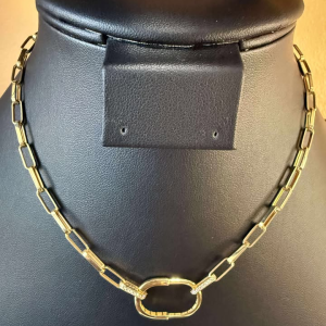 Real 18K Yellow Gold Paper Clip Link Chain with Centered Locket Pendant